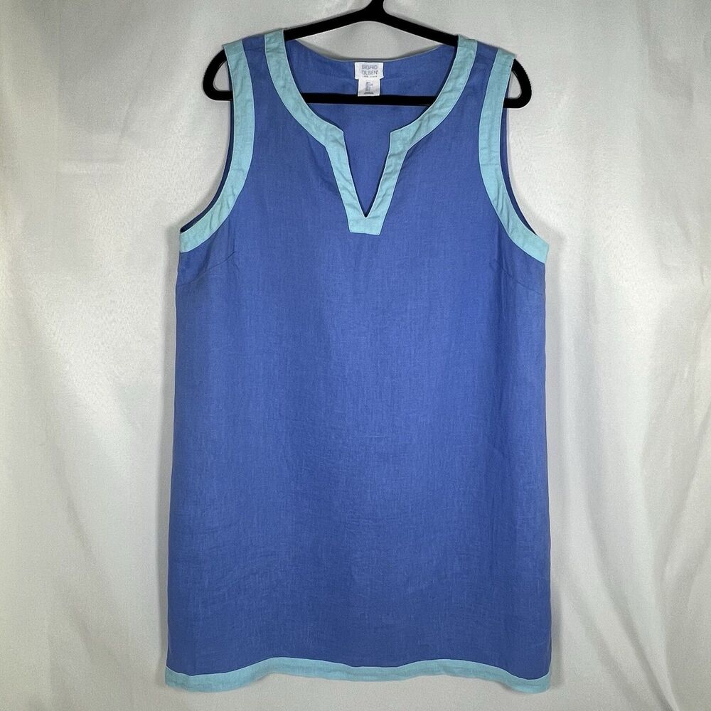 Sigrid Olsen 100% Linen Colorblock Shift Dress Blue Turquoise V-Neck Size L